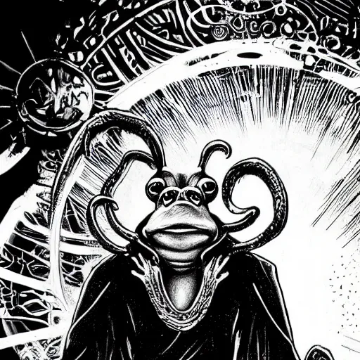 Image similar to a frog in the dr strange universe, black and white except the frog, the frog is green