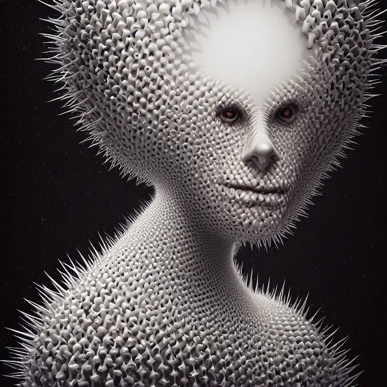 Prompt: surreal portrait of white demon covered with ribbed white spiky spiral crooked fractals, in wastelands on white exoplanet, baroque portrait painting, beautiful intricate insanely detailed octane render, artstation, 8 k artistic harsh flash photography, photorealistic, volumetric perfect light, chiaroscuro, raphael, caravaggio, beksinski, rutkowski, giger