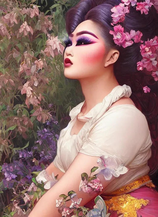 Image similar to kim chi, drag queen, painting by artgerm and greg rutkowski and alphonse mucha