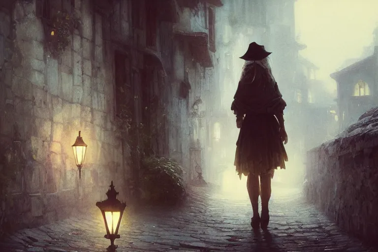 Image similar to A girl with big hat walking through the streets of a medieval village at night, glowing lights, oil painting, Greg Rutkowski, gustave doré, alphonse mucha, frank frazetta, unreal 5, hyperrealistic, cinematic view, octane render, RPG portrait, dynamic lighting, fantasy art, beautiful face