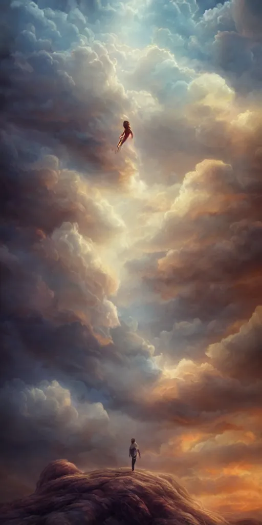 Prompt: a lost soul in the clouds, portrait, epic shot, very detailed, by artgerm, julie bell, beeple and Greg Rutkowski, airbrush, fantasy, 90s, Smooth gradients, octane render, 8k, High contrast, depth of field, very coherent symmetrical artwork