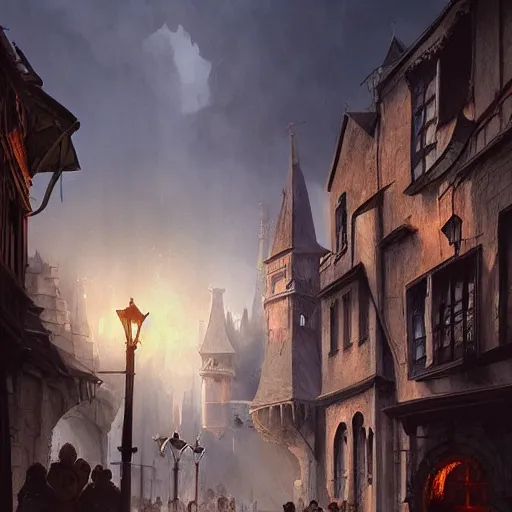 Image similar to streets of a medieval town, street leading to a fantasy castle, dramatic lighting, city background, chiaroscuro, high detail, painted by greg rutkowski, painted by igor kieryluk, painted by bobby chiu, trending on artstation
