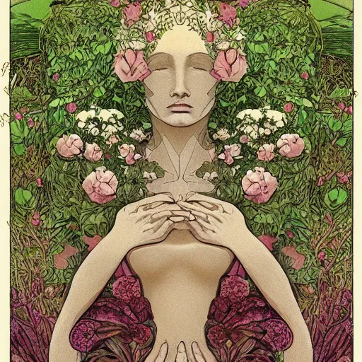 Image similar to an illustration of a beautiful garden forming the face of a beautiful goddess, painted by moebius and james jean