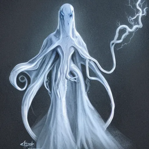 Image similar to concept designs for an ethereal ghostly wraith like figure with a squid like parasite latched onto its head and long tentacle arms that flow lazily but gracefully at its sides like a cloak while it floats around a frozen rocky tundra in the snow searching for lost souls and that hides amongst the shadows in the trees, this character has hydrokinesis and electrokinesis for the resident evil village video game franchise with inspiration from the franchise Bloodborne as a muppet from sesame street, photo realistic, photography, sesame street, bloodborne, resident evil