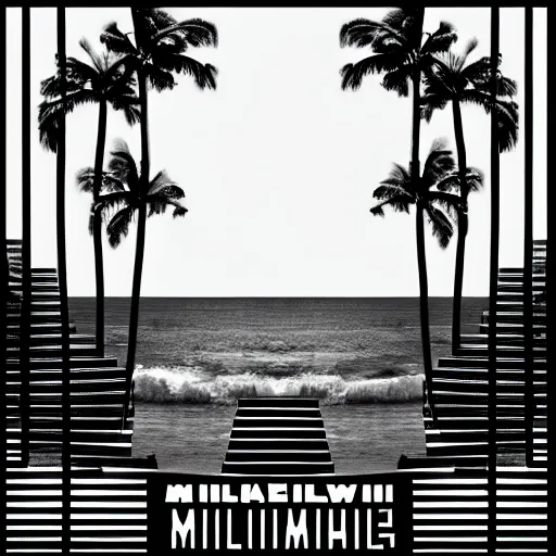 Image similar to miracle musical Hawaii part ii album cover, showing an ocean in the background, spiral transparent stairs on the left with tall palm trees behind it, a slight rainbow in the background, white outline border, moon in the right top area black and white