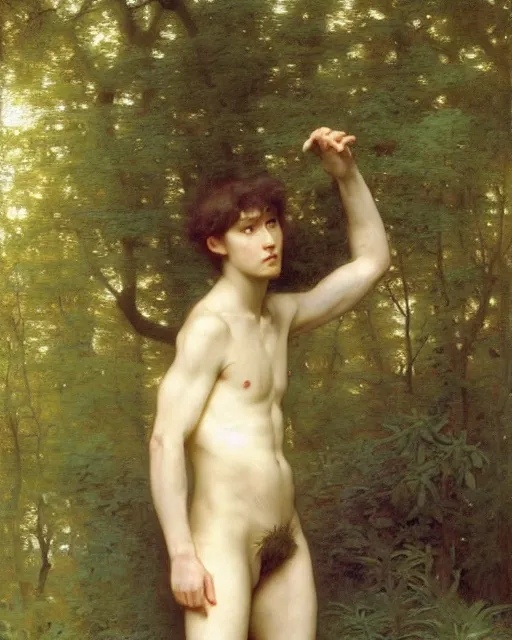 Image similar to a handsome anime man, he is walking in the forest, by Edgar Maxence and William-Adolphe Bouguereau