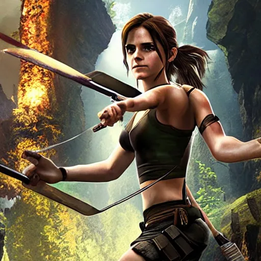 Screenshot of Emma Watson as Lara Croft video game | Stable Diffusion