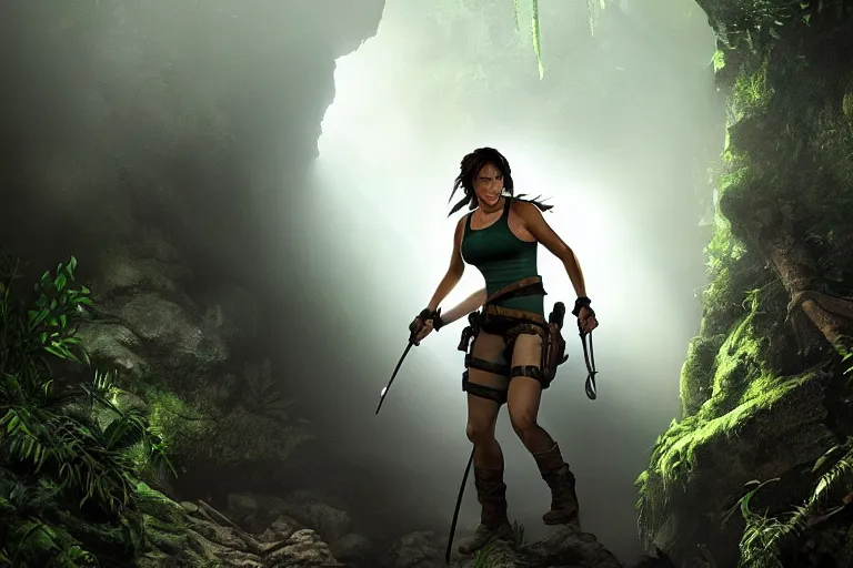 Image similar to Cinematography of Lara Croft discovering in a cave in the amazon jungle by Emmanuek Lubensky