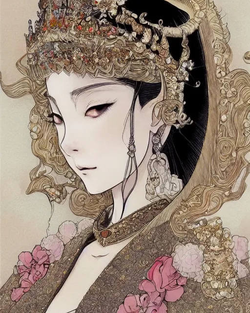 Image similar to portrait of a queen, elegant, beautiful, mesmerizing, concept art, fancy clothing, highly detailed, inspired by otoyomegatari manga, artstation, behance, deviantart, trending, ayami kojima, shinichi sakamoto, kaoru mori