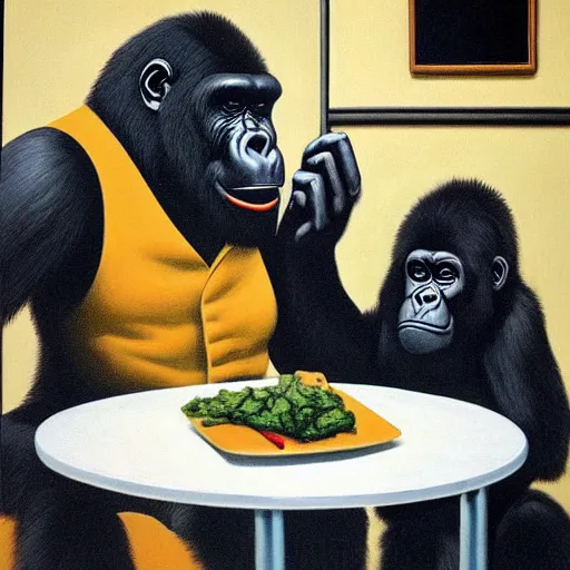 Image similar to a gorilla takes you out for a nice dinner by Raphael, Hopper, and Rene Magritte. detailed, romantic, enchanting, trending on artstation.