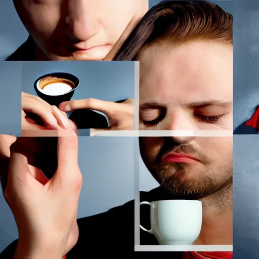 Image similar to collage, sleepy worker man face, fashion model, a cup of coffee, matte, oil painting