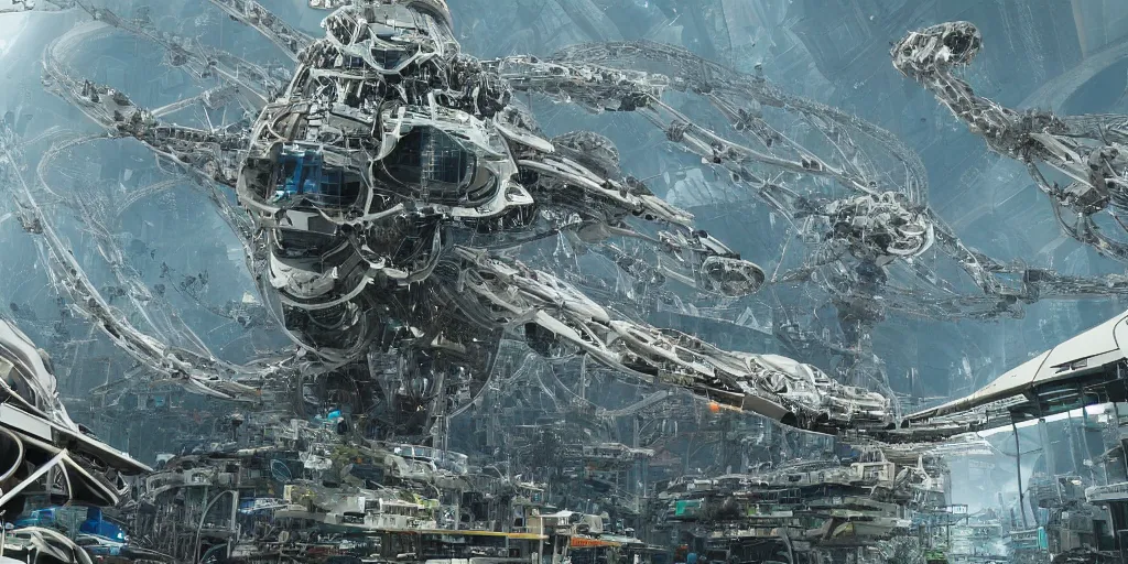 Prompt: organic generative design megastructures housing millions of robots in the style of ready player one