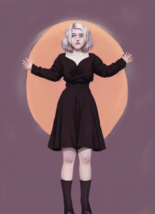 Image similar to full body portrait, kiernan shipka as sabrina spellman, white hair, obese, bangs, sultry, realistic, sultry smirk, fluffy bangs, freckles, fat, belly, intricate, elegant, highly detailed, digital painting, artstation, concept art, smooth, sharp focus, illustration, art by wlop, mars ravelo and greg rutkowski