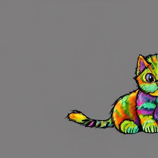 Image similar to wide angle full body, of a fluffy cute rainbow kitten wearing a black leather motorcycle jacket, concept art