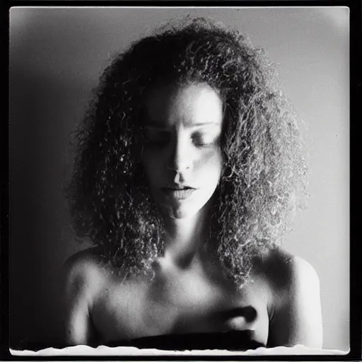 Image similar to polaroid picture, beautiful light - skinned woman, symmetrical face, curly hair, afro, full shot, artistic, black and white, eerie, francesca woodman style