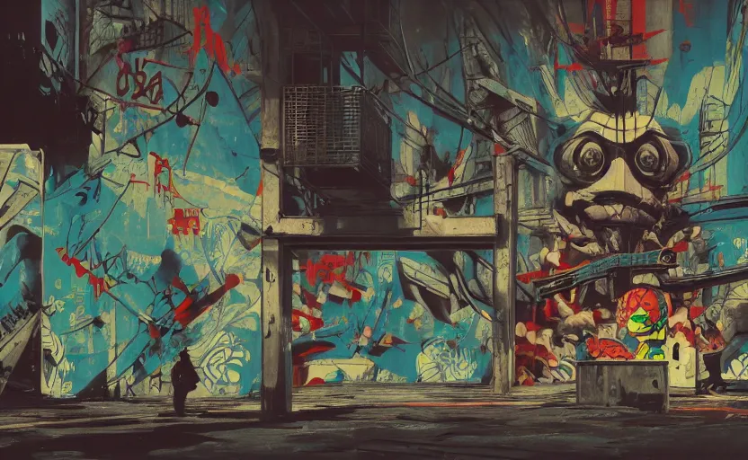 Prompt: a photograph of Japanese graffiti art in 1977, dramatic masterpiece by Beeple, James Jean, Jamie Hewlett, Metal Slug concept art, Metal Gear Solid concept art, Silent Hill concept art, 4k wallpaper, surrealism