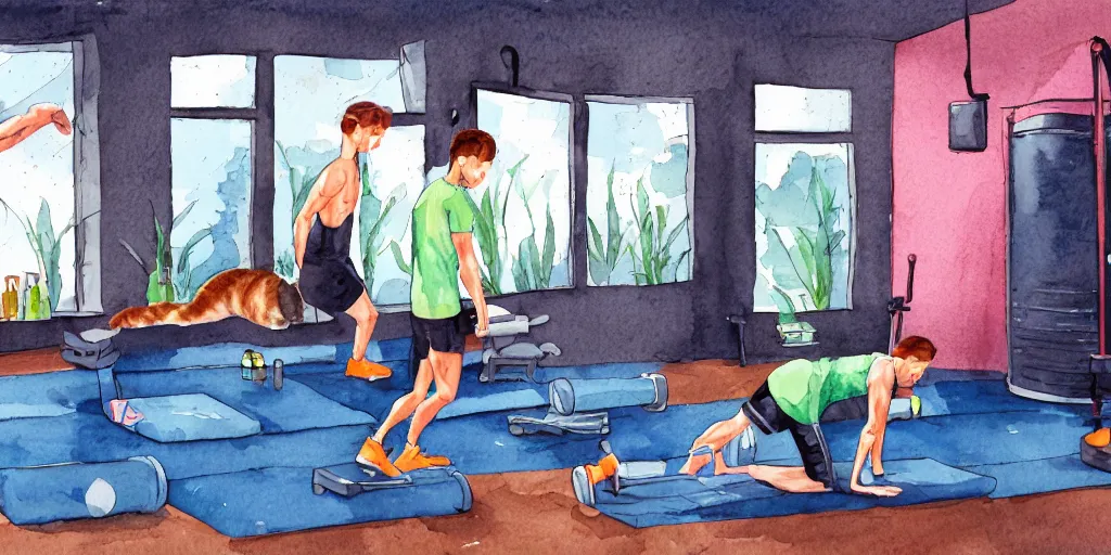 Image similar to watercolor illustration style, cute cats training in the fitness studio environment