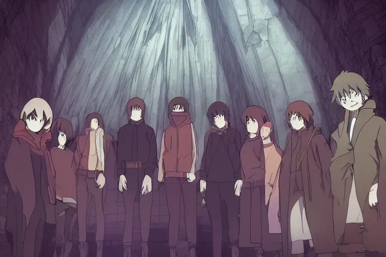 Image similar to cell shaded anime key visual of a group of eskimos in an underground gothic cathedral in the style of studio ghibli, moebius, makoto shinkai, dramatic lighting