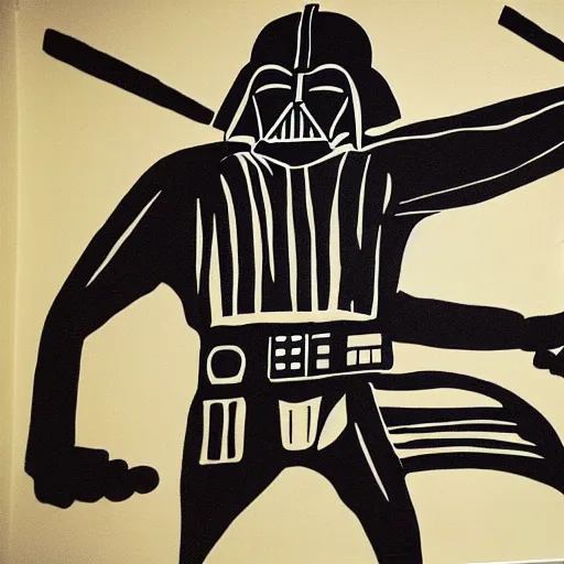 Prompt: Cave painting of Darth Vader fighting