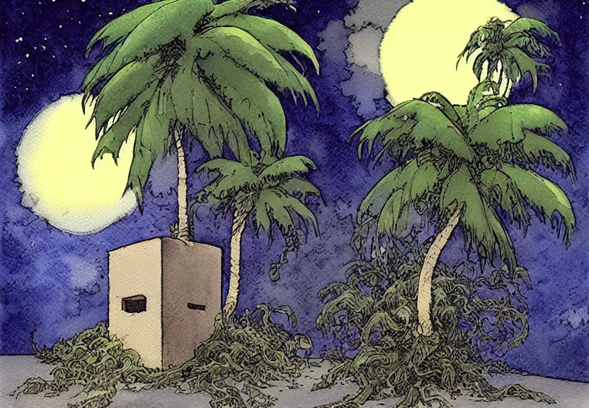 Image similar to a simple watercolor fantasy concept art of a dark grey cube next to a palm tree at night. by studio ghibli, rebecca guay, michael kaluta, charles vess