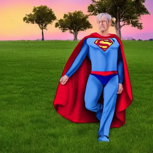 Image similar to extremely realistic elderly retired superman loose costume sad sighing alone looking at a sunset cape in the breeze