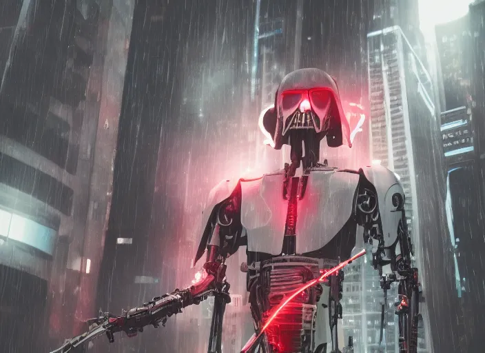 Image similar to 3 5 mm portrait photo of ( general grievous )!! with heavy duty biomechanical cybernetic body with many red lightsabers in the city in the rain. cyberpunk horror style.