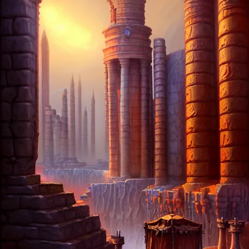 Image similar to the sandstone city of tyr in the world of athas, dark sun campaign setting art, fantasy art, beautiful digital painting by gerald brom, intricate details, ultra realistic, fantasypunk, amazing d & d art, trending cgsociety, artstation, sharp