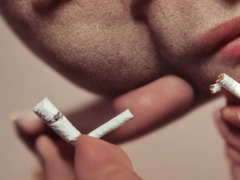 Image similar to Close-up view of hyperrealistic thin soft hand holding cigarette with smoke, by Bernardo Ramonfaur, hyper realism, 4K