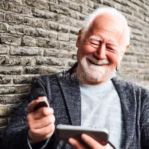 Prompt: hide the pain harold looking down and holding a phone in his hands, smiling, stock photo, professional lighting