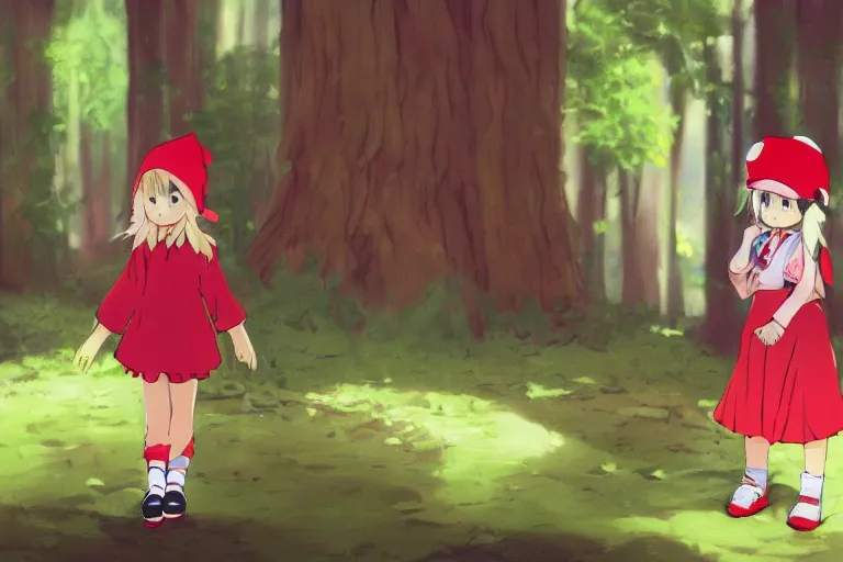 Image similar to concept art ofa little girl in the red hat,forest, happy in anime style