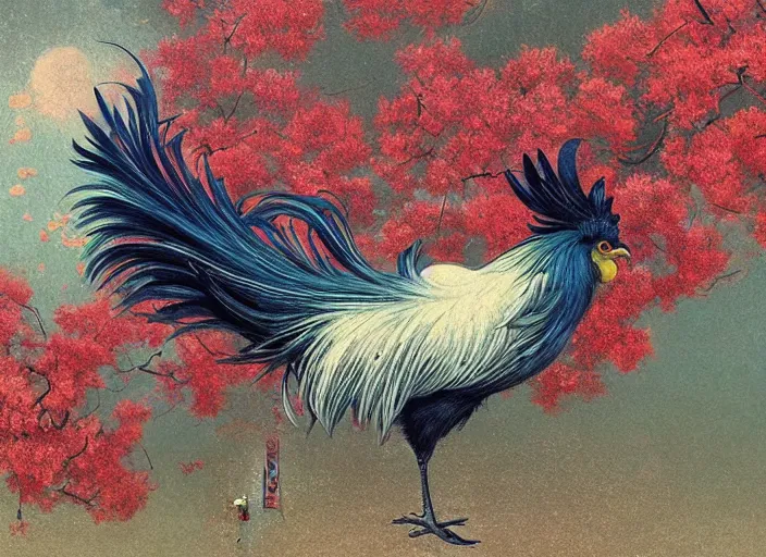 Image similar to a gorgeous paradise rooster japanese art is looking at a bird, ethereal, horror, fantasy art by greg rutkowski and magali villeneuve and claude monet