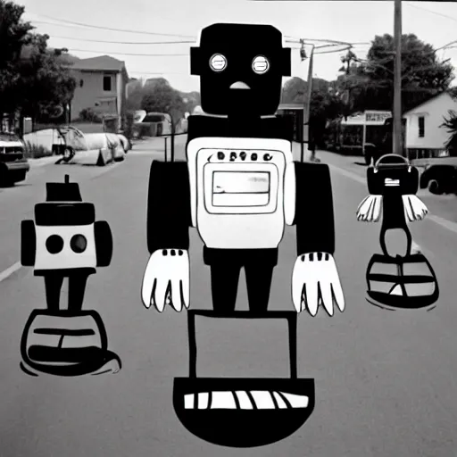 Image similar to in the style of 1960s, A scary robot is chasing after a bunch of scared kids down the street, fully detailed , fully detailed kids faces in focus