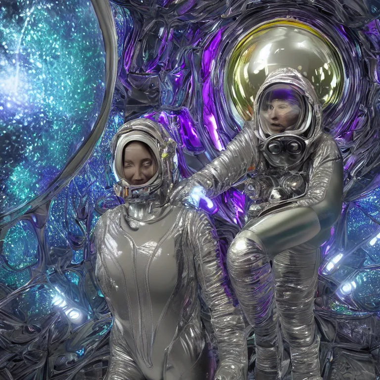 Prompt: octane render by wayne barlow and carlo crivelli and glenn fabry, a woman in a skintight silver shining spacesuit with colorful iridescent detailing, covered in bright colorful alien flora and fauna inside a massive cavernous metal dome, cinema 4 d, ray traced lighting, ultra - detailed