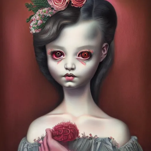 Image similar to a painting in the style of mark ryden and in the style of natalie shau and in the style of irakli nadar.