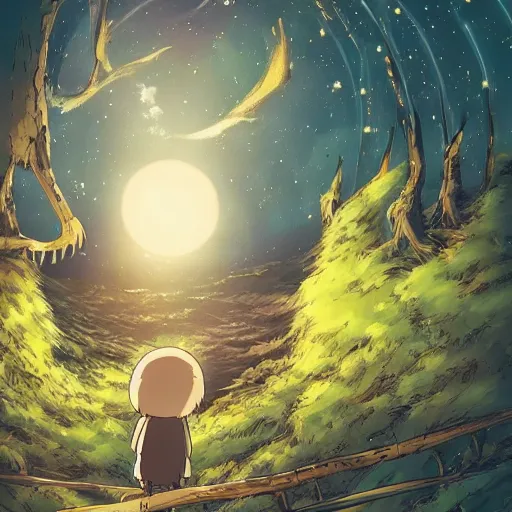 Prompt: friendly creature made by Hayao Miyazaki, studio ghibli artstyle, night, stars, beautiful scene, smooth, detailed, high detail,high quality, 8k anime