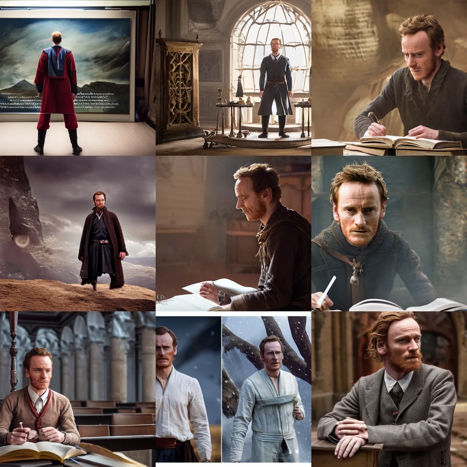 Prompt: hyper realistic photograph of Kwothe as a student in the book the name of the wind, played by Michael Fassbender, 4k, Carl Zeiss, sigma, Tamron so 85mm, stunning arcanum university backdrop, magic, detailed set design, award winning costume design, cinematic, lute, red hair