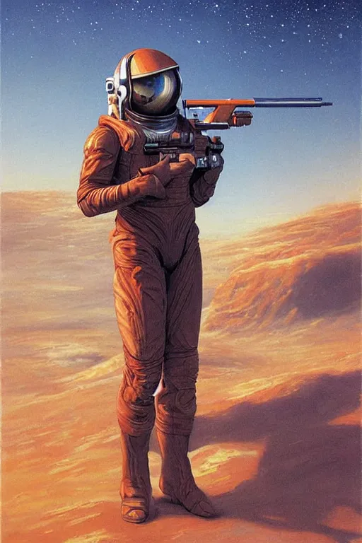 Image similar to a painting of a spaceman holding a rifle, concept art by michael whelan and tim white and vincent di fate, featured on deviantart, space art, concept art, sci - fi, cosmic horror