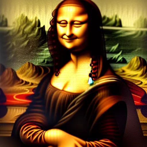 Prompt: mona lisa [ [ [ holding an iphone ] ] ]!!!, trending on artstation, illustration by leonardo davinci, 4 k oil painting, polycount