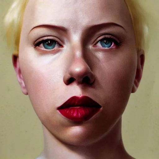 Image similar to realistic expired kodak film portrait of albino scarlet johansson, hyperrealism, photorealistic, detailed, atmospheric, 8 k, award winning photography, cinematic