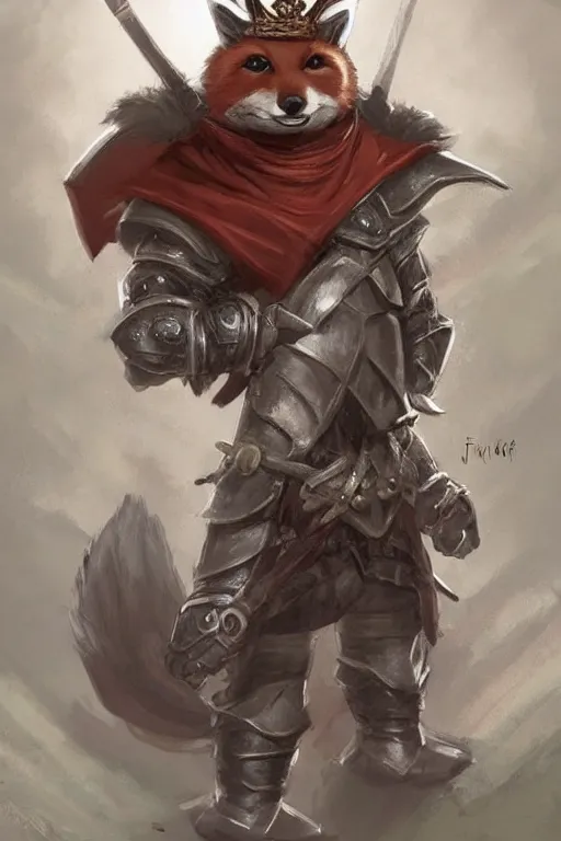 Image similar to cute little anthropomorphic foxy knight wearing a cape and a crown, tiny, small, miniature fox, baby animal, short, pale blue armor, cute and adorable, pretty, beautiful, DnD character art portrait, matte fantasy painting, DeviantArt Artstation, by Jason Felix by Steve Argyle by Tyler Jacobson by Peter Mohrbacher, cinematic lighting