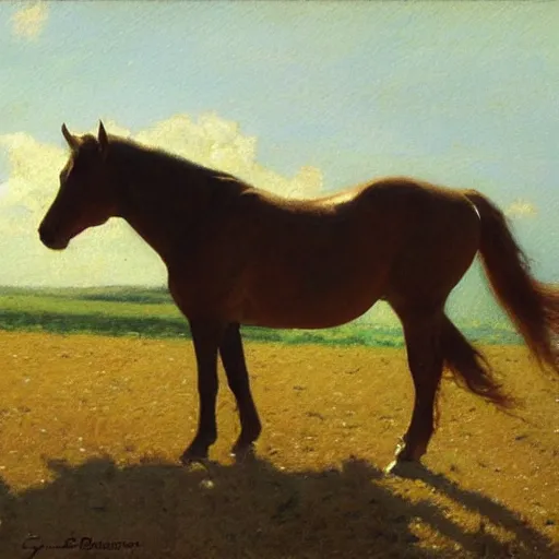 Prompt: detailed wide shot of horse in the field, spring light, painting by gaston bussiere, craig mullins, j. c. leyendecker