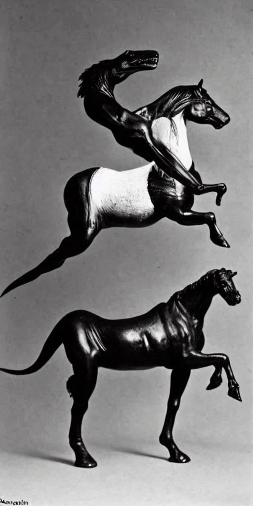 Image similar to t rex and a horse wearing high heels. anamorphic strange black and white photograph, 1 8 5 0 s