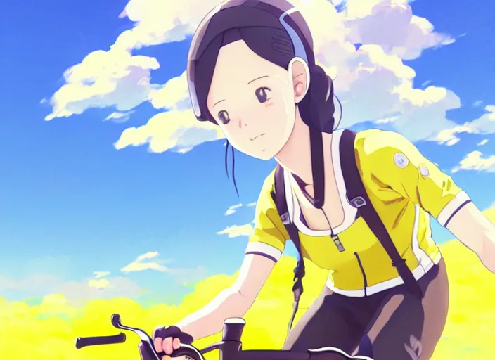 Prompt: portrait of cute girl riding road bike, sunny sky background, lush landscape, illustration concept art anime key visual trending pixiv fanbox by wlop and greg rutkowski and makoto shinkai and studio ghibli and kyoto animation, symmetrical facial features, sports clothing, yellow road bike helmet, nike cycling suit, backlit, aerodynamic frame, gta 5