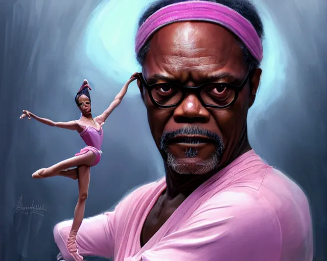 Image similar to photography of samuel l jackson in a pink ballerina outfit, fulll body shot, deep focus, d & d and mtg, fantasy, intricate, elegant, highly detailed, digital painting, artstation, concept art, matte, sharp focus, illustration, hearthstone, art by artgerm and greg rutkowski and alphonse mucha