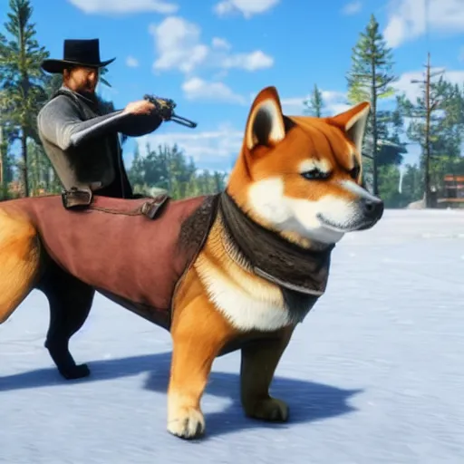 Prompt: shiba inu dog in the cover for red dead redemption 2