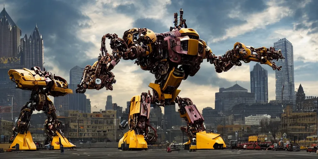 Prompt: a blockbuster style movie frame of a giant mechanical robot pig destroying pittsburgh