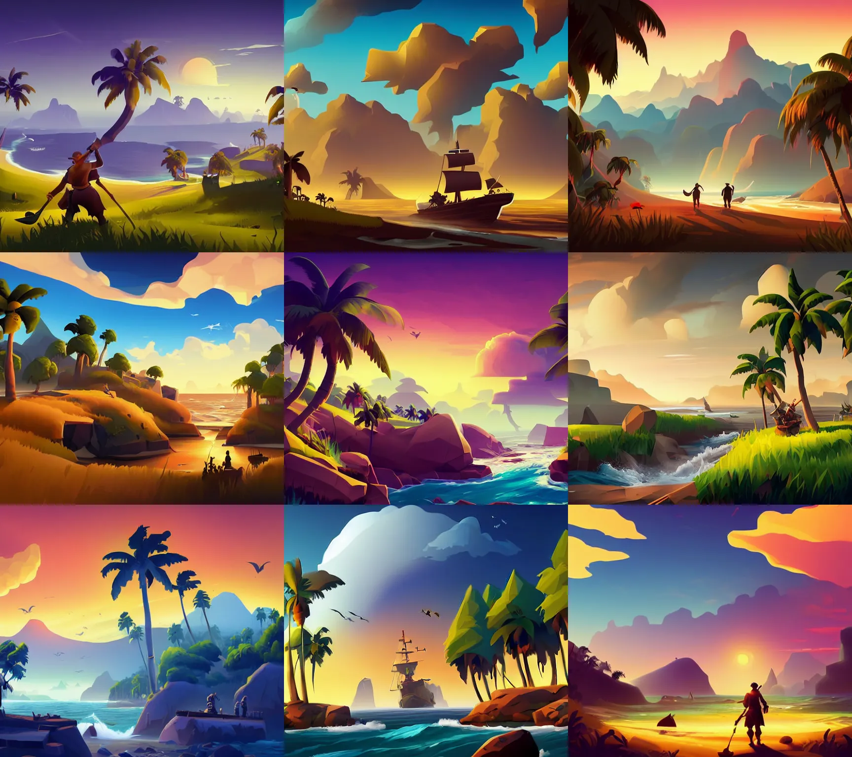 Prompt: nothern landscape painting treasure on sea of thieves game smooth median photoshop filter cutout vector, behance hd by by rhads, global illumination adove low clouds sky image overcast