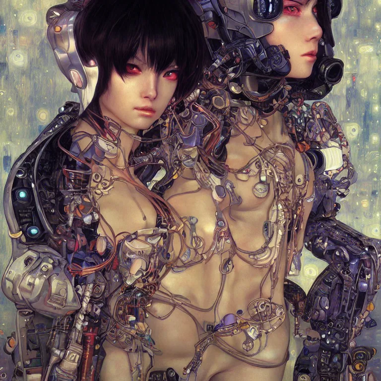 Prompt: portrait of beautiful young alien, cyberpunk, Warhammer, highly detailed, artstation, illustration, art by Gustav Klimt and Range Murata and Ilya Kuvshinov and Sakimichan