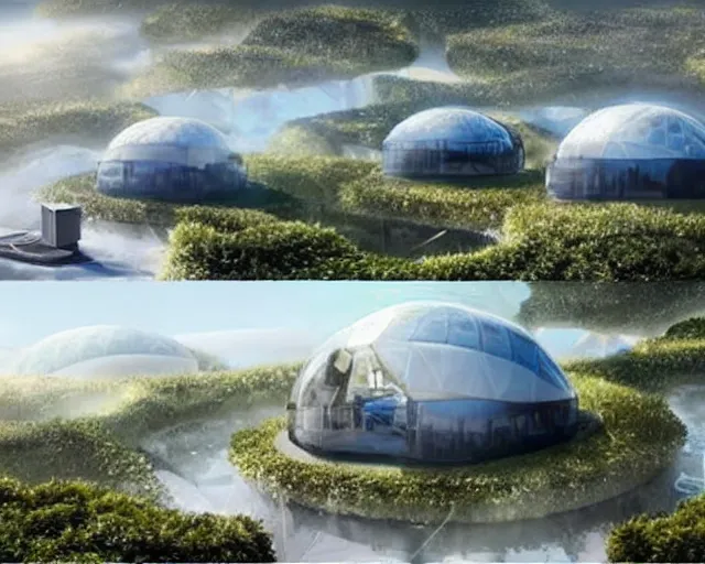 Prompt: futuristic innovation. modular dome house. there is a city on a cloud. floating over the city. mycelial