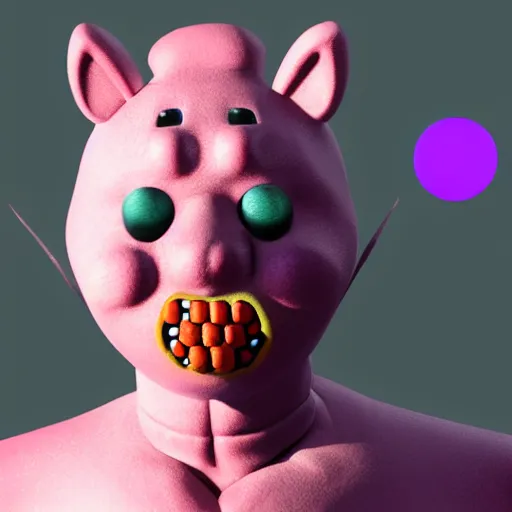 Image similar to high detail concept art of pink Mr Blobby with yellow spots as a Dead by Daylight character, 4k, terrifying, character portrait